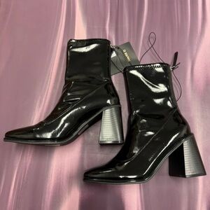 Women's Black Patent Block Heel Ankle Boots